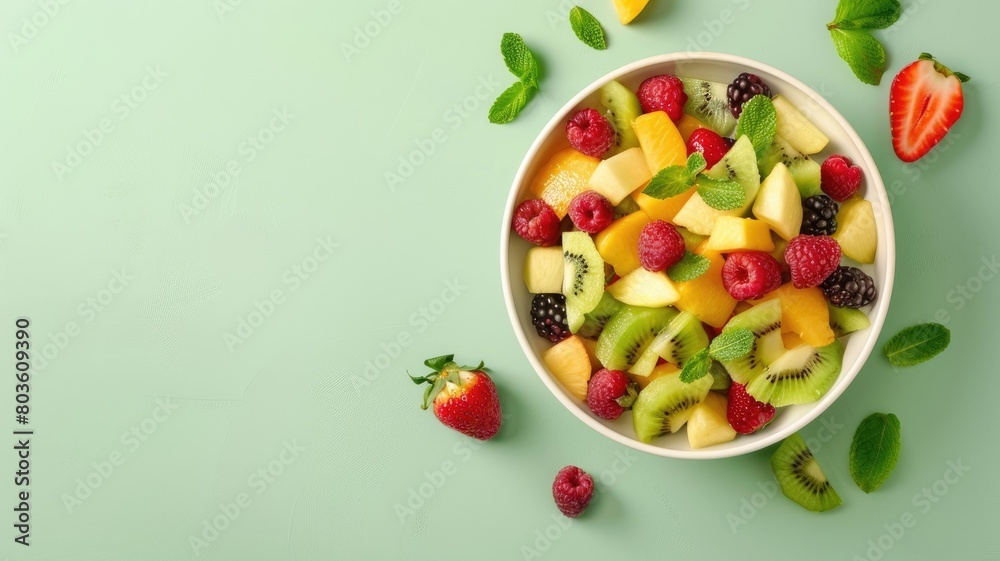 Fresh mixed fruit salad in bowl on green background