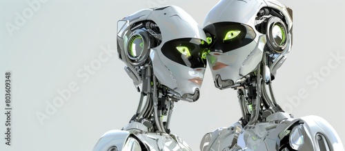 A male and female robot looks into the camera, happy faces, a white background, green eyes, and silver body parts