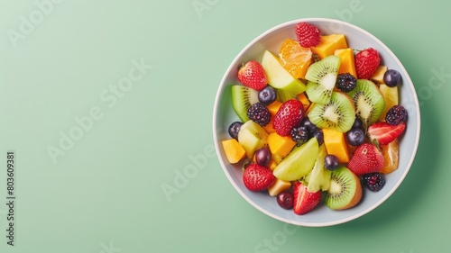 Bowl of mixed fresh fruit on green background