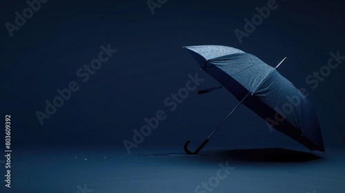Dark blue umbrella open and resting on its side against matching background