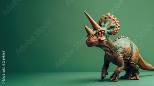 Realistic model of horned dinosaur on green background
