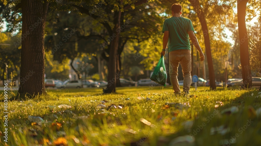 Fototapeta premium Person walking in park at sunset, carrying bag, surrounded by trees