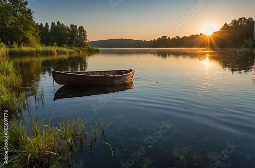 boat on the lake Golden Reflections Tranquil Lakeside Sunset © Dove