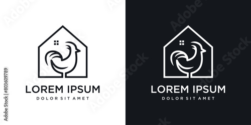 chicken house logo design vector. house and chicken vector logo icon in line style