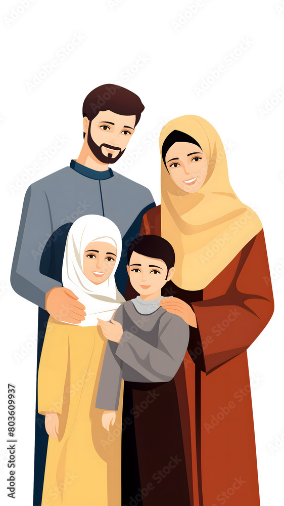 Loving Muslim Family of Four in Traditional Attire Smiling Together in a Heartwarming Portrait, Son and Daughter