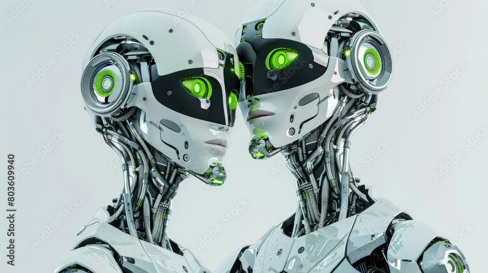 A male and female robot looks into the camera, happy faces, a white background, green eyes, and silver body parts A male and female robot looks into the camera, happy faces, a white background, green eyes, and silver body parts