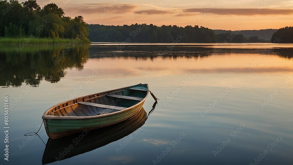 canoe on lake Golden Reflections Tranquil Lakeside Sunset canoe on lake Golden Reflections Tranquil Lakeside Sunset