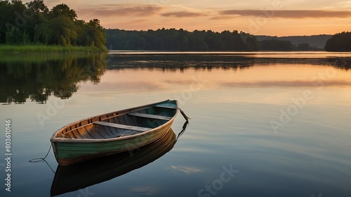 canoe on lake Golden Reflections Tranquil Lakeside Sunset