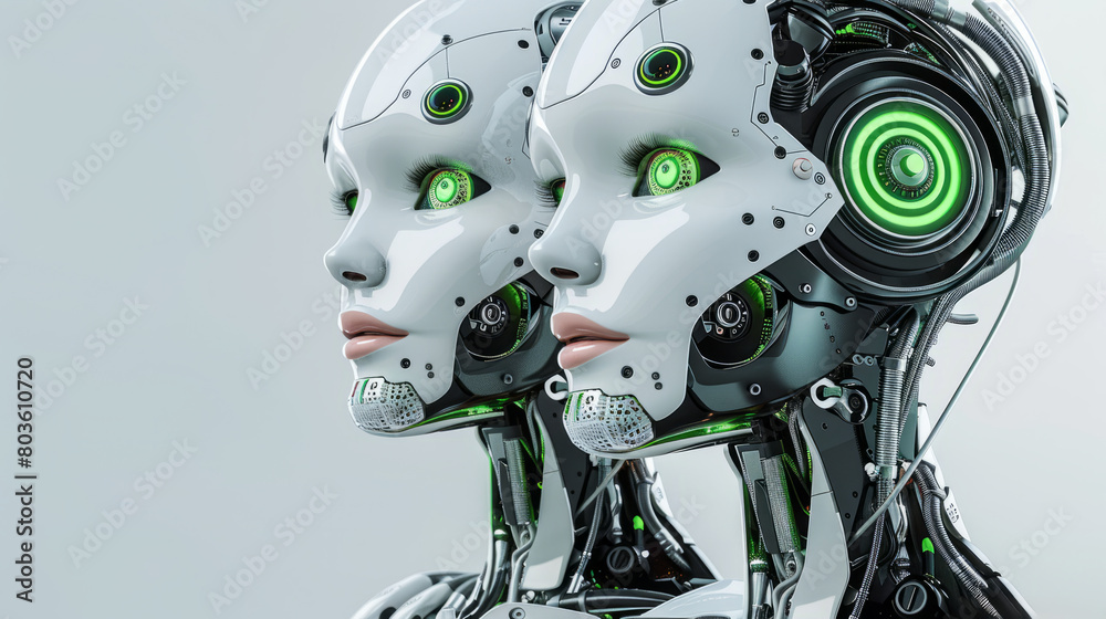 A male and female robot looks into the camera, happy faces, a white background, green eyes, and silver body parts A male and female robot looks into the camera, happy faces, a white background, green eyes, and silver body parts
