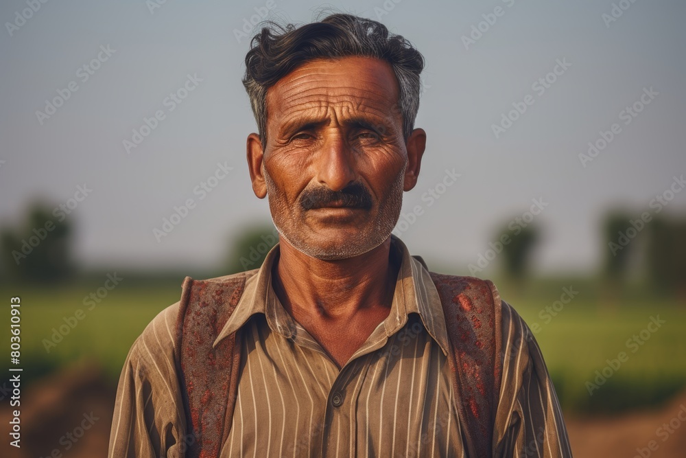 A Serene Portrait of a Weathered Farmer Standing Proudly in Front of His Lush Green Fields Under the Warm Afternoon Sun A Serene Portrait of a Weathered Farmer Standing Proudly in Front of His Lush Green Fields Under the Warm Afternoon Sun