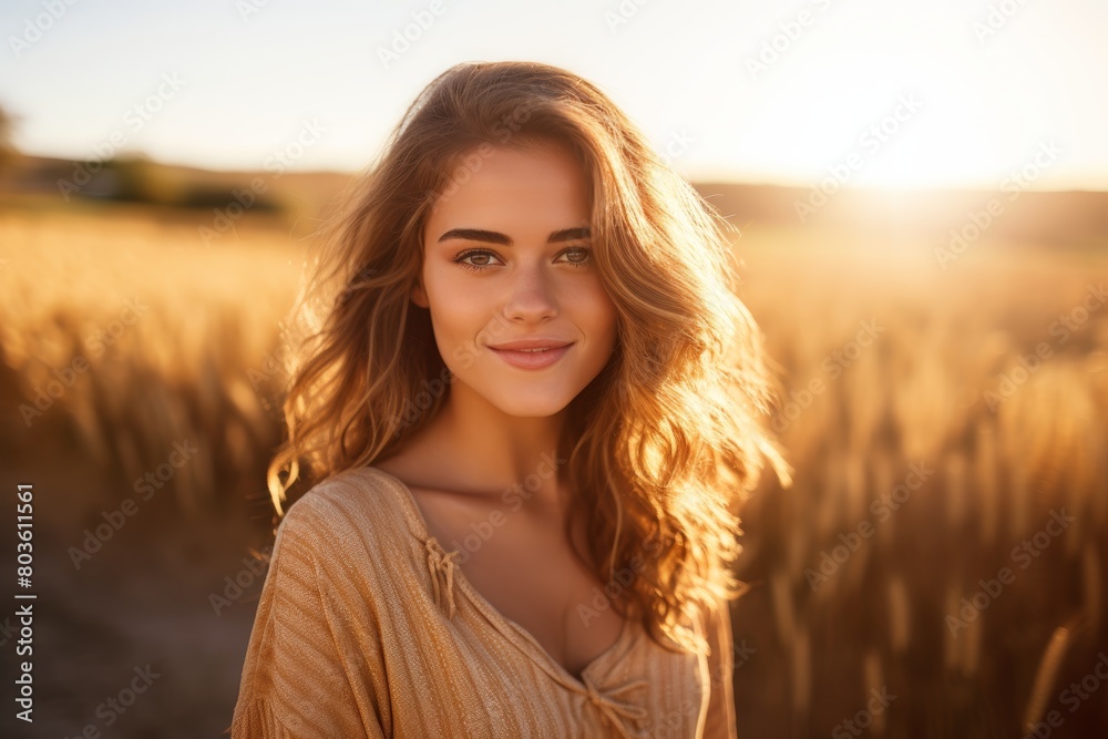 A Serene Portrait of a Young Woman Embracing the Golden Hour Sunlight as She Stands Before a Lush Wheat Field Under a Clear Blue Sky