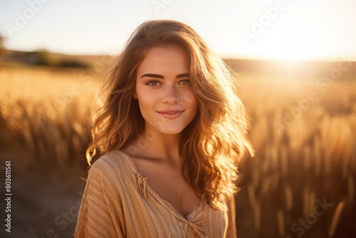 A Serene Portrait of a Young Woman Embracing the Golden Hour Sunlight as She Stands Before a Lush Wheat Field Under a Clear Blue Sky © aicandy