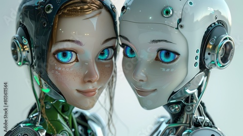 A male and female robot looks into the camera, happy faces, a white background, green eyes, and silver body parts
