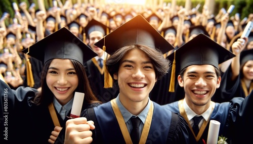 Vibrant group of young graduates, dressed in black robes and golden yellow stoles, joyfully taking a selfie photo