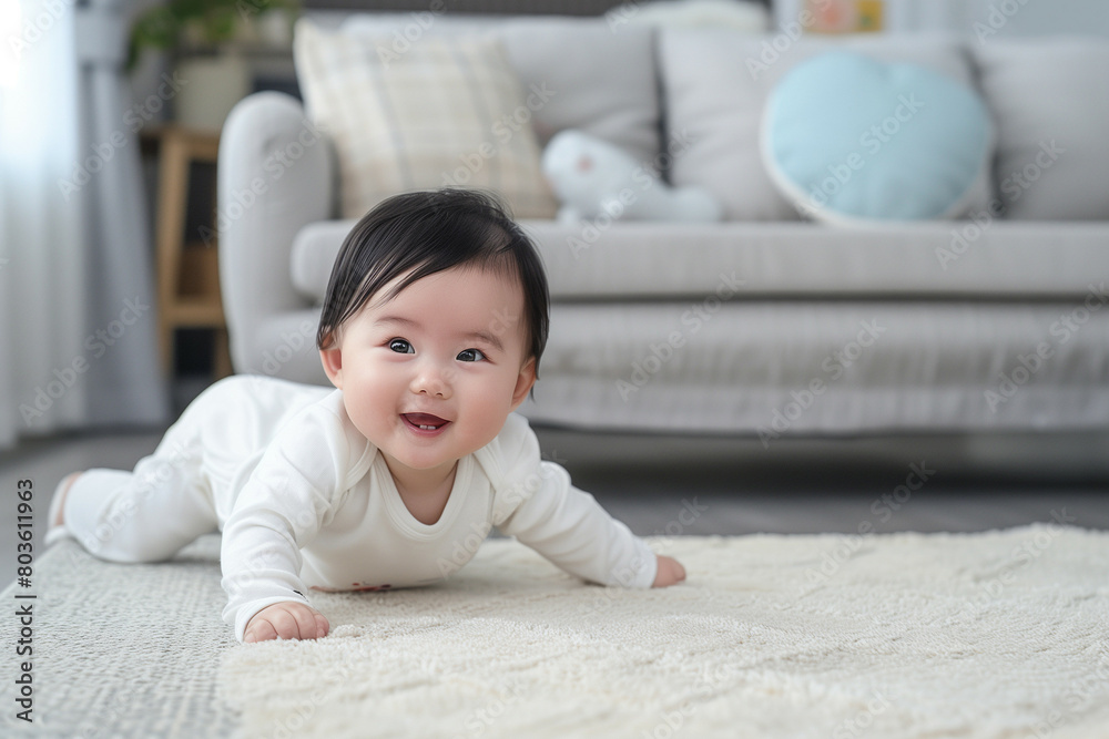 A cheerful baby with black hair and a happy expression, lying on a cream-colored carpet in a cozy living room A cheerful baby with black hair and a happy expression, lying on a cream-colored carpet in a cozy living room