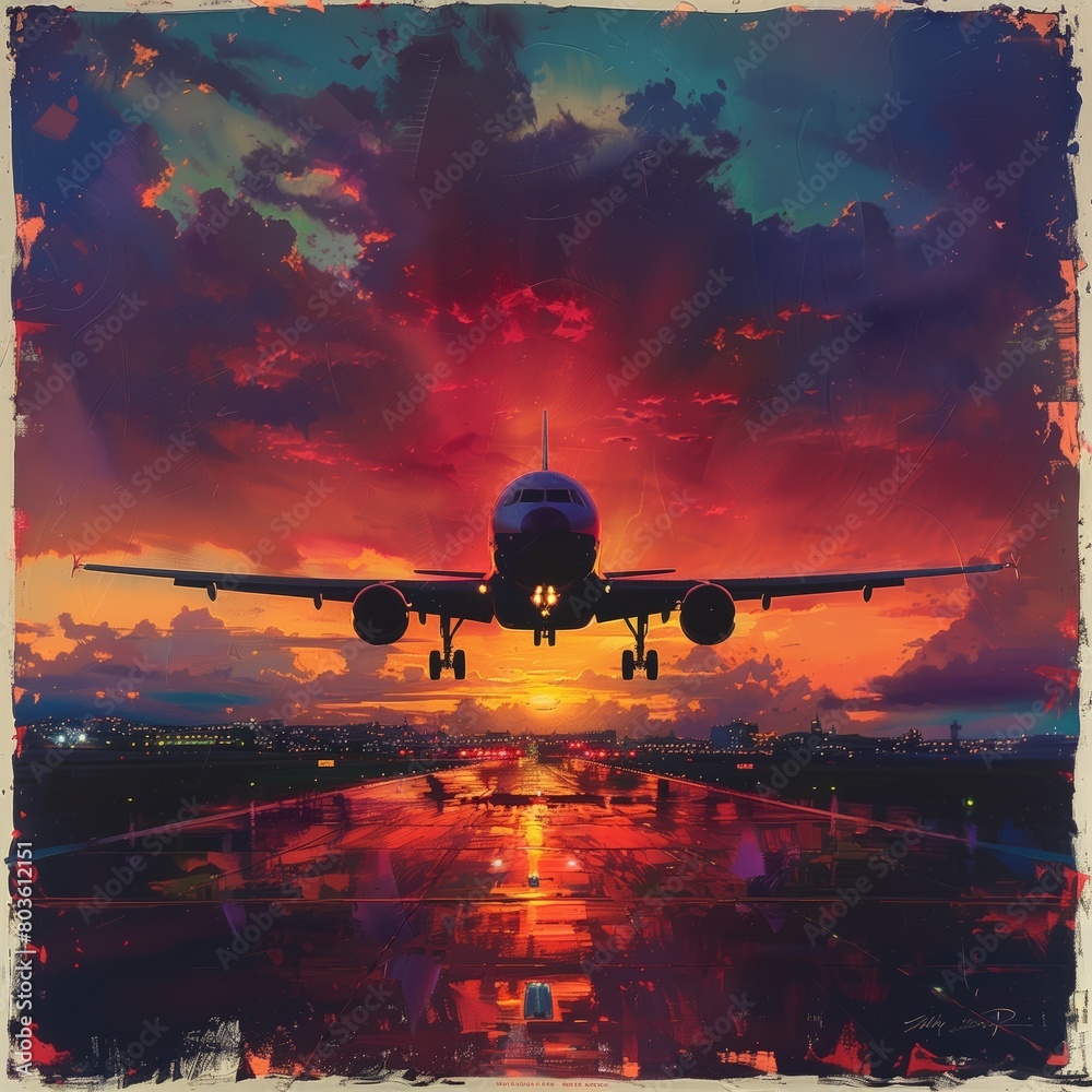 a plane silhouetted against a colorful sunset, illustration