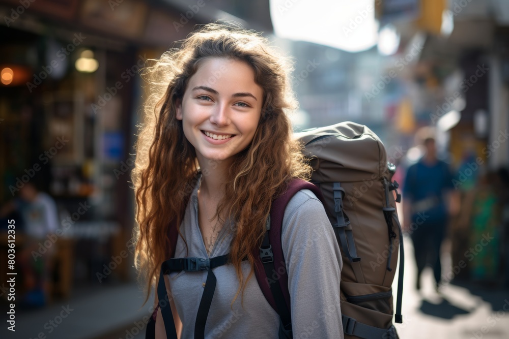 A Smiling Traveler with a Backpack Pauses to Pose for a Memorable Portrait in Front of the Bustling Tourist Information Center on a Sunny Afternoon
