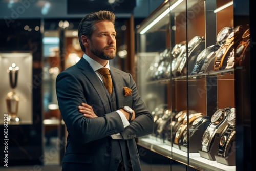 A Sophisticated Gentleman in a Tailored Suit Pauses Thoughtfully Before the Gleaming Window Display of an Upscale Watch Shop, His Reflection Mingling with the Array of Luxury Timepieces