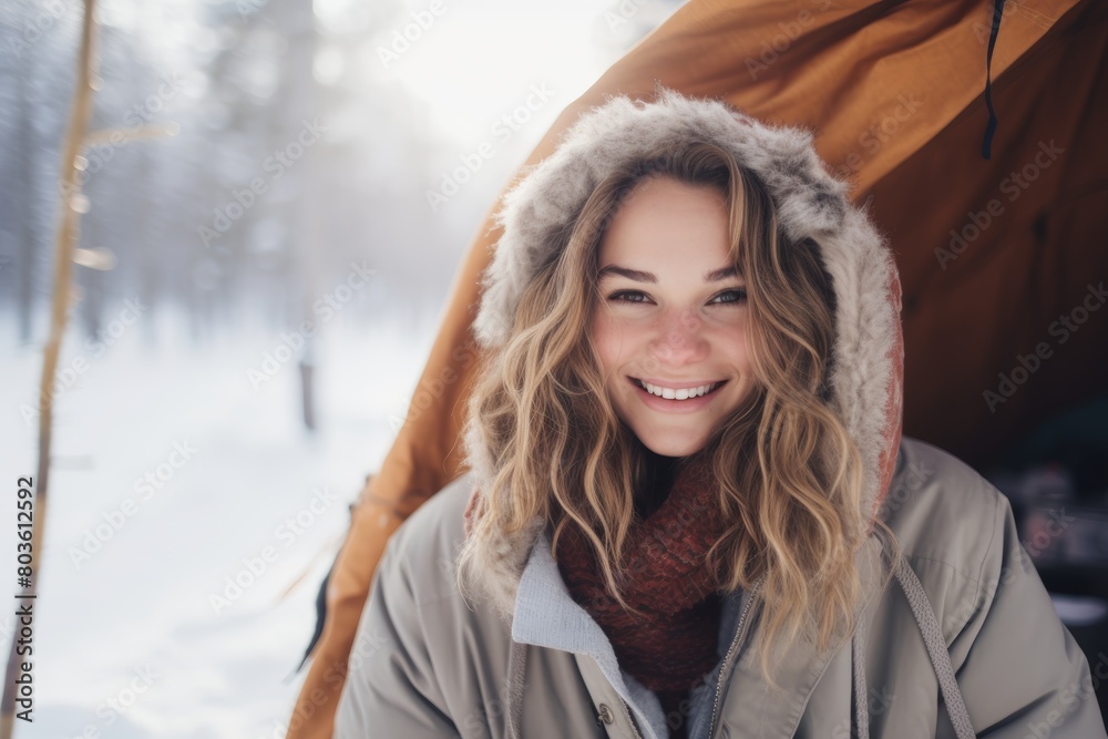 A Serene Winter Wonderland: A Young Woman Smiles Gently as She Poses Before a Snowy Campsite, Framed by Icy Trees and a Cozy Tent A Serene Winter Wonderland: A Young Woman Smiles Gently as She Poses Before a Snowy Campsite, Framed by Icy Trees and a Cozy Tent