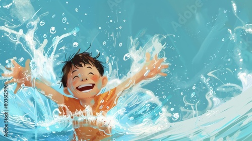 Happy boy playing with water. water. Illustrations