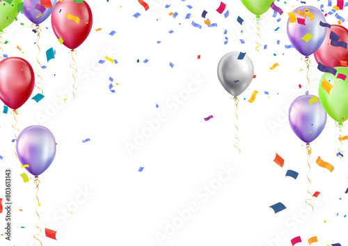 Illustrated horizontal happy birthday card, sign or banner with colorful balloons and confetti