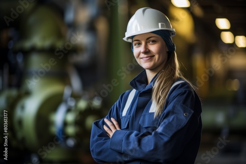 A Vision of Industrial Harmony: A Confident Woman Poses Proudly in Her Work Attire Against the Intricate Backdrop of a Bustling Mineral Processing Plant