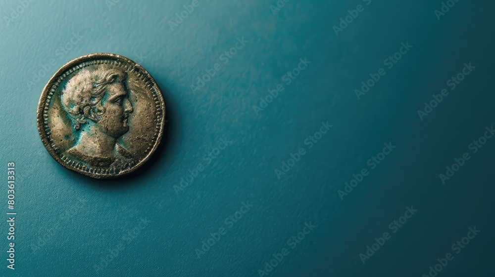 Ancient coin on blue surface showing profile portrait Ancient coin on blue surface showing profile portrait