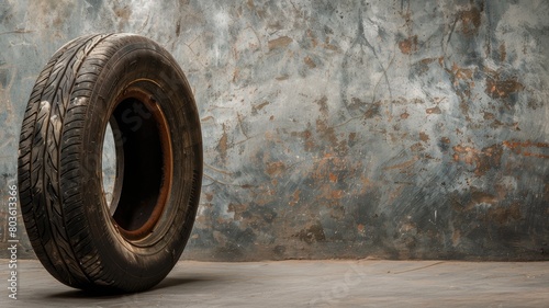 Used car tire standing against textured wall on dirty concrete floor photo