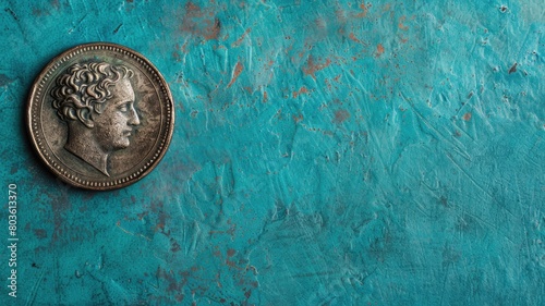Antique coin with male profile on textured turquoise background