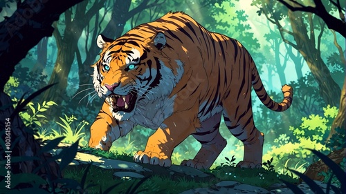 A monstrous tiger roaring in the jungle, protecting its territory.