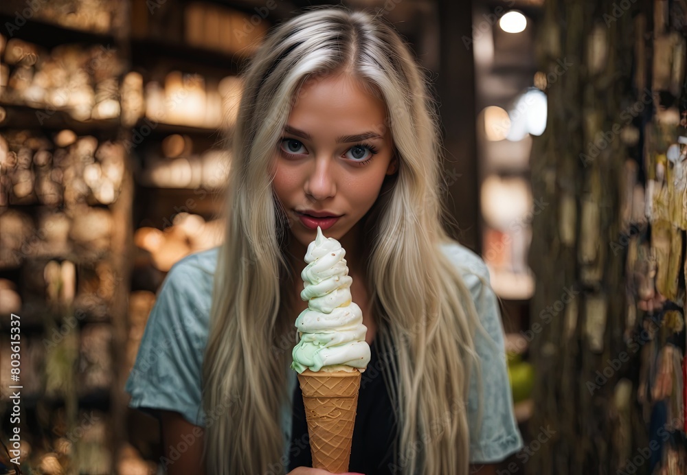 A blonde woman is holding a green ice cream cone A blonde woman is holding a green ice cream cone