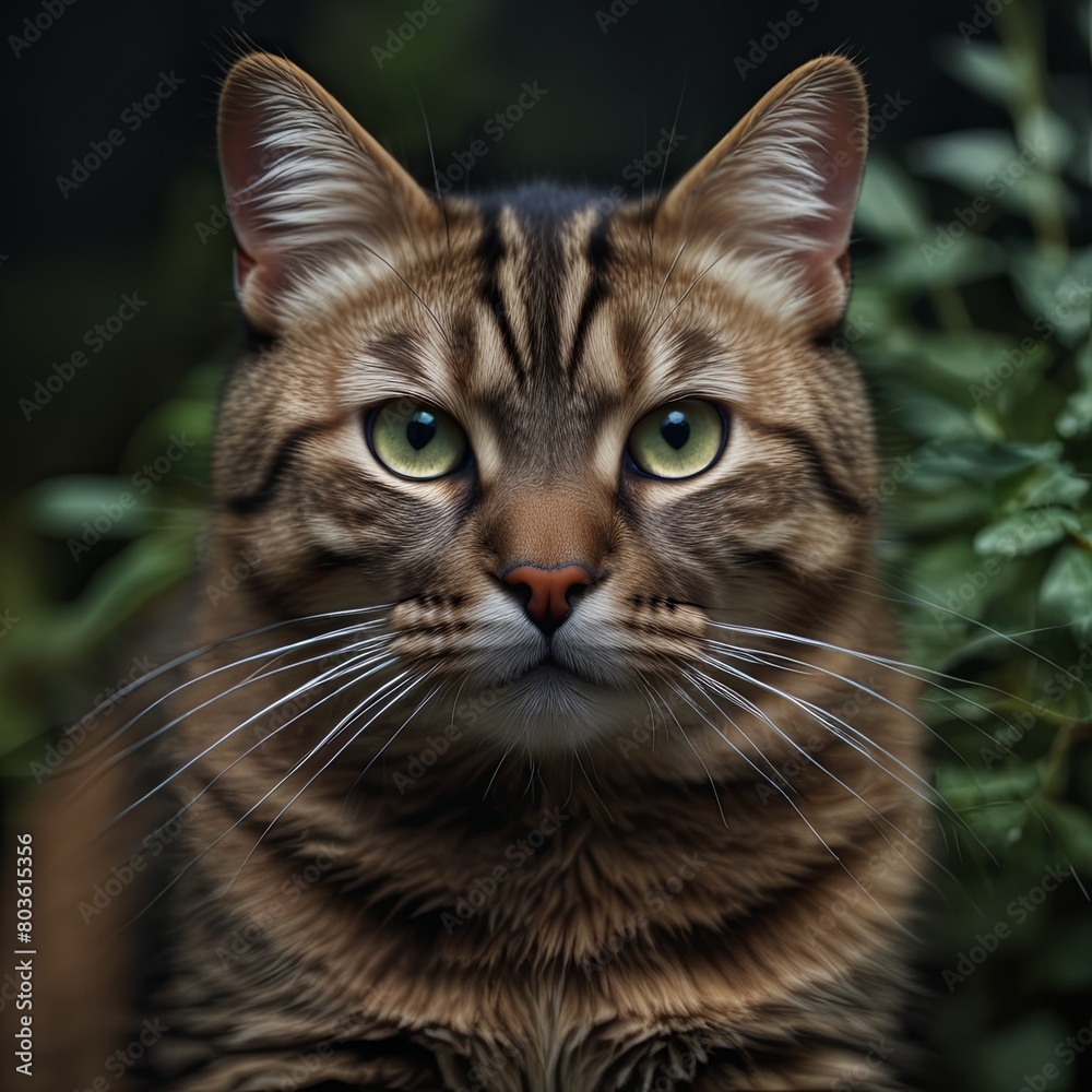 A cat with green eyes stares at the camera