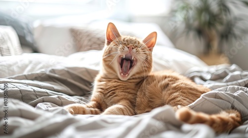 Ginger cat yawning on bed at home. Cute pet
