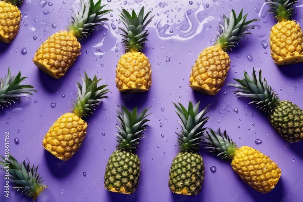 Fresh juicy pineapples in water splashes on purple background. Flat lay, top view. Copy space, place for text. Raw fruits cut in water drops. Summer freshness, poster design.
Fresh juicy pineapples in water splashes on purple background. Flat lay, top view. Copy space, place for text. Raw fruits cut in water drops. Summer freshness, poster design.