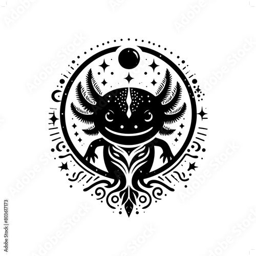 salamander; axolotl silhouette in bohemian, boho, nature illustration