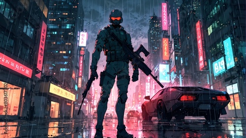 A full-armored stealth sniper holding a rifle in a cyberpunk city full of skyscrapers and neon lights.