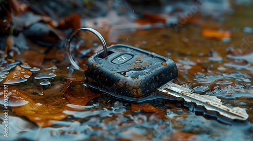 Low Angle Closeup Photography Of A Lost Car Keys In Rain/Flood, Lost Keys? Car Keys in Puddle - Wet Key Emergency, 