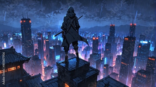 A stealth ninja wearing hoodie standing on top of a building in a cyberpunk city full of skyscrapers and neon lights.