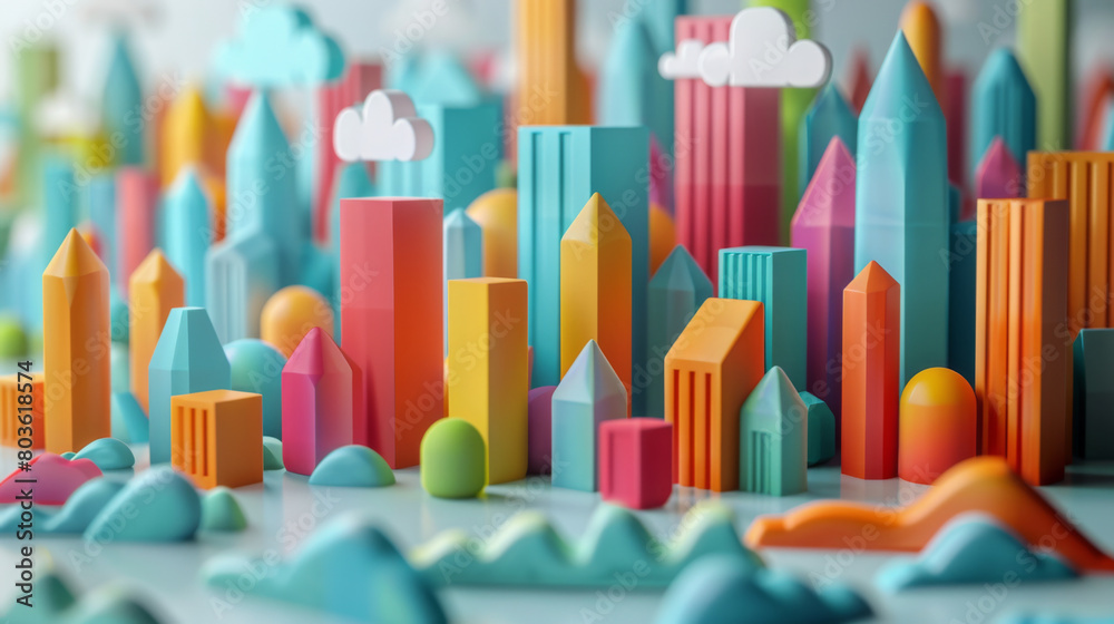 Bright and vibrant paper cityscape featuring multi-colored buildings and playful clouds in a cheerful setting. Bright and vibrant paper cityscape featuring multi-colored buildings and playful clouds in a cheerful setting.