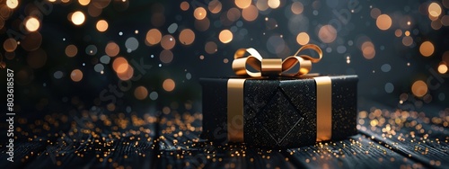 Black gift box with gold bow on bokeh background.
