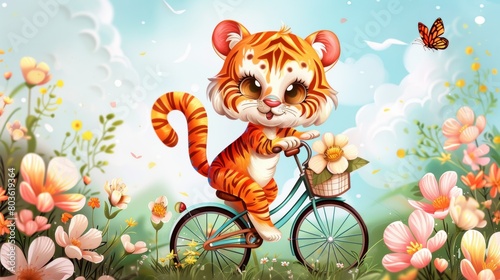 cute little tiger with flowers on bicycle. cartoons. Illustrations