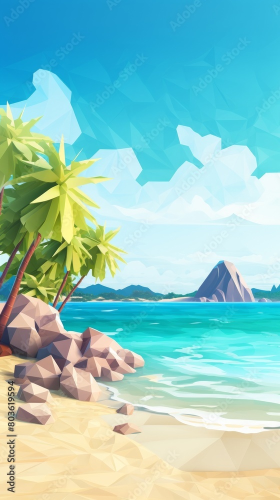 Obraz premium Tropical beach low poly style imitation wallpaper, with clear blue waters and sandy shores for a summer vibe, copy space