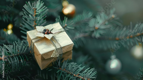christmas tree with gift boxes, small cute present box on Christmas tree background 