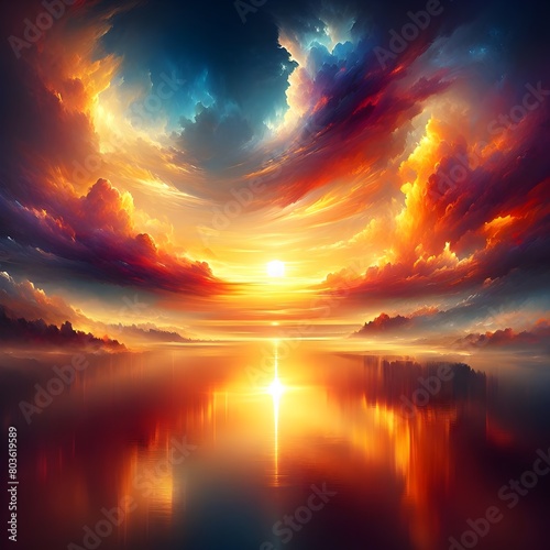 Majestic rising sun digital artwork: vibrant, tranquil, atmospheric, 4K landscape painting.