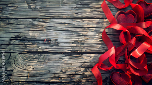 red rose on wooden background, Ribbons red hearts shaped on wood background with retro filter.