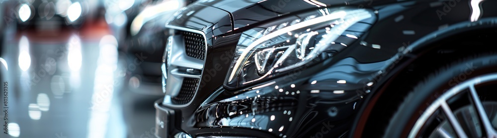 Car headlights in car showroom. Car dealership concept. Automotive industry. Car headlights in car showroom. Car dealership concept. Automotive industry.