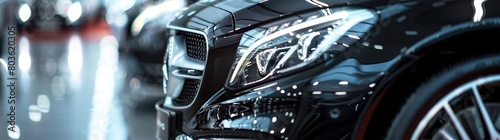 Car headlights in car showroom. Car dealership concept. Automotive industry. © Obsidian