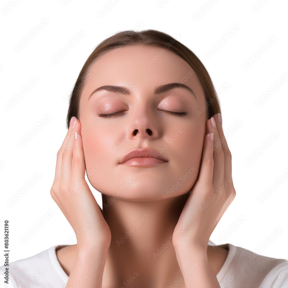 Portrait of a woman with perfect skin closing her eyes, cosmetic facial treatment concept isolated on transparent background Portrait of a woman with perfect skin closing her eyes, cosmetic facial treatment concept isolated on transparent background