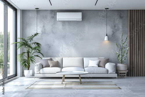 Modern living rooms often have portable air conditioners or mobile air coolers copy space image