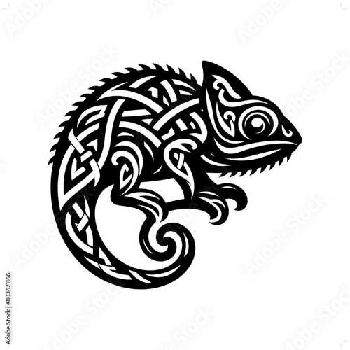 chameleon reptile silhouette in animal celtic knot, irish, nordic illustration
